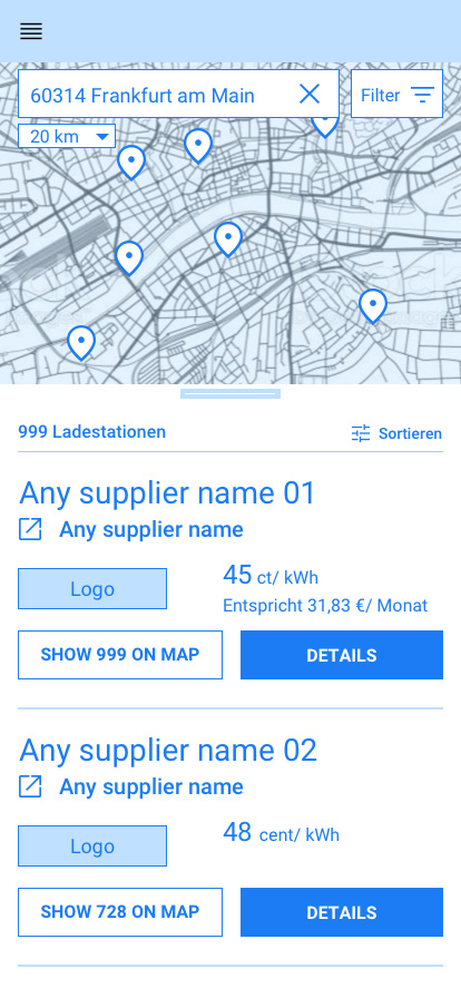 Mobile app prototypes for a charging station search in Frankfurt: Displaying the user journey from map view through detailed filter settings for charging behavior and basic inputs to the results list.