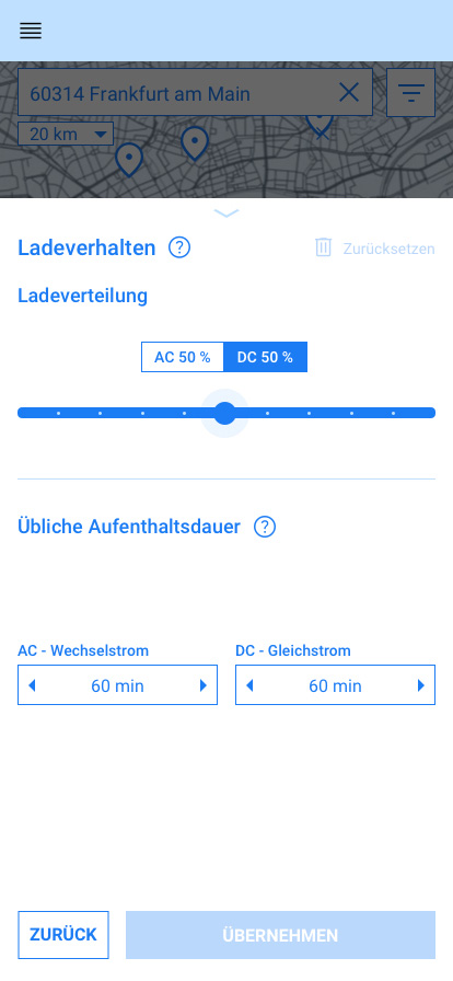 Mobile app prototypes for a charging station search in Frankfurt: Displaying the user journey from map view through detailed filter settings for charging behavior and basic inputs to the results list.