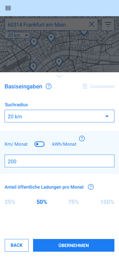 Mobile app prototypes for a charging station search in Frankfurt: Displaying the user journey from map view through detailed filter settings for charging behavior and basic inputs to the results list.