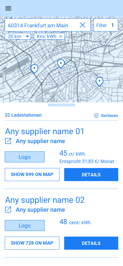 Mobile app prototypes for a charging station search in Frankfurt: Displaying the user journey from map view through detailed filter settings for charging behavior and basic inputs to the results list.