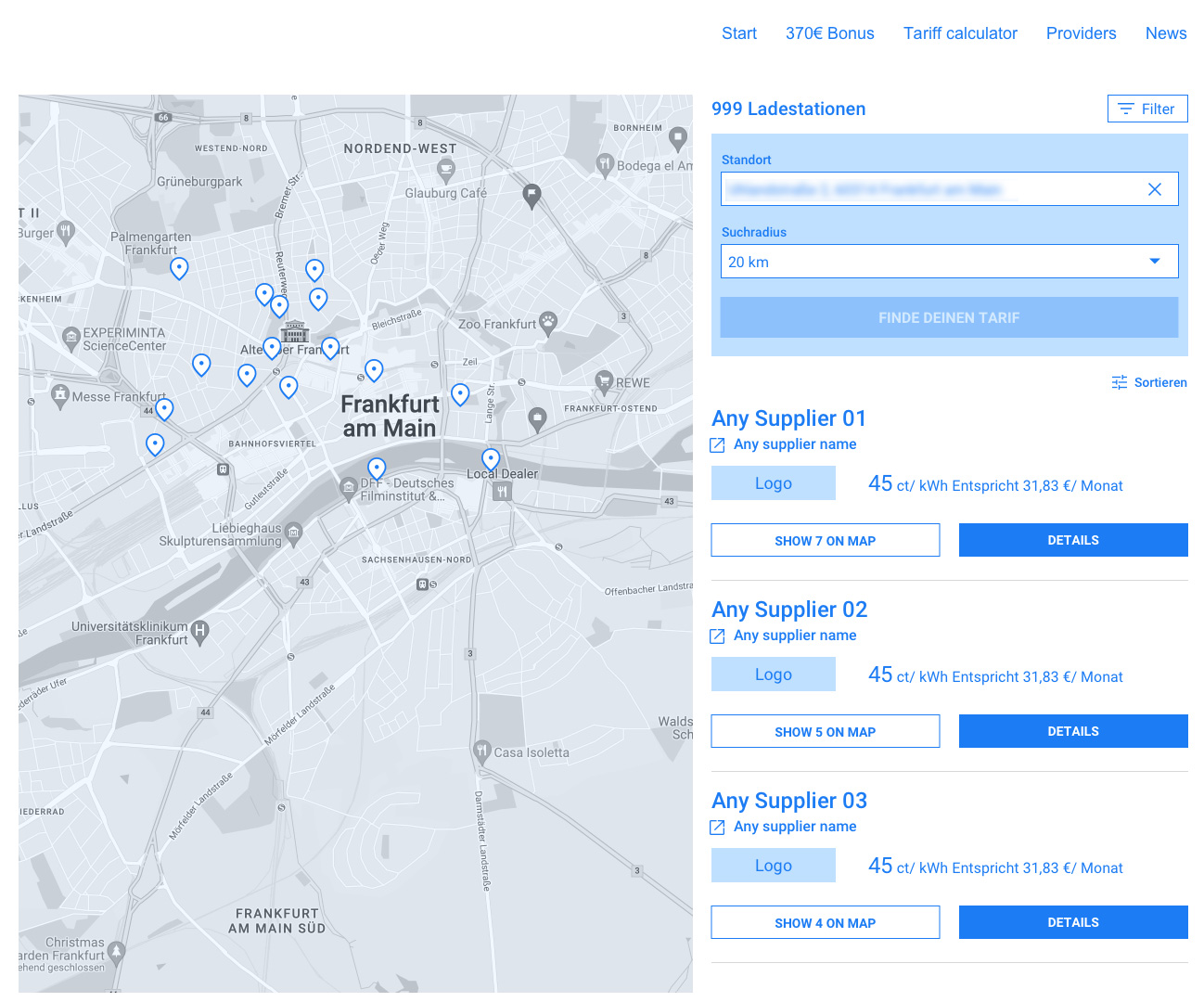 Desktop interface of an interactive EV charging station map for Frankfurt am Main, featuring a split-screen design with localized search results, provider details, and price transparency.