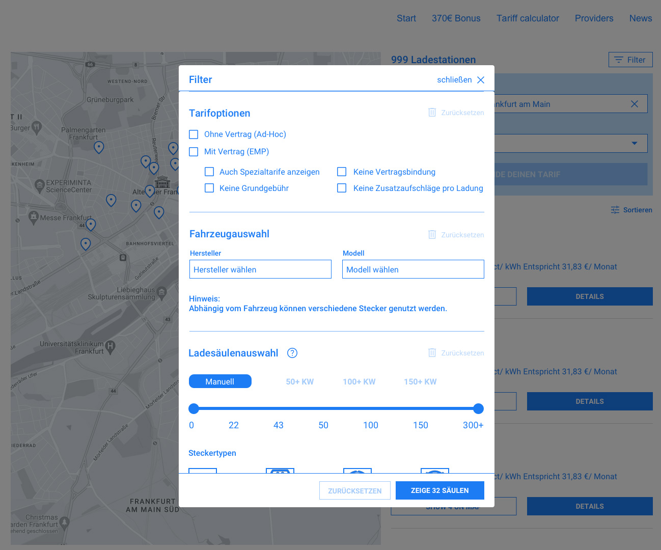 Detailed desktop filter overlay for an EV charging station finder in Frankfurt: Showcasing advanced UX features like tariff options, vehicle selection, and charging capacity sliders for a tailored user experience.