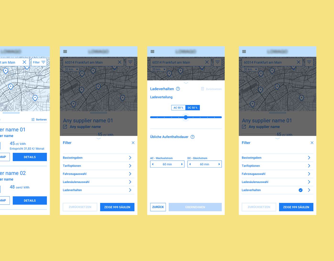 Mobile app prototypes for a charging station search in Frankfurt: Displaying the user journey from map view through detailed filter settings for charging behavior and basic inputs to the results list.