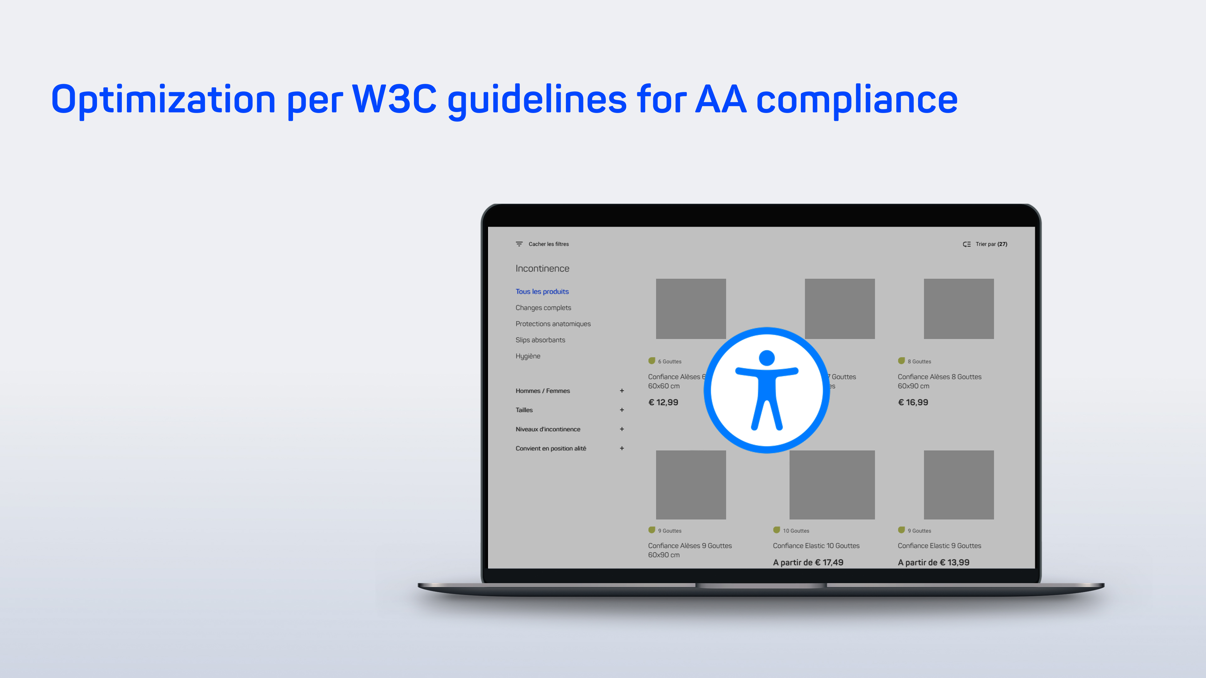Accessibility audit and optimization of a healthcare e-commerce platform for W3C/WCAG AA compliance, displayed on a laptop. The visual highlights a central accessibility icon, representing the systematic review of UX and code to identify and resolve barriers. Managed by Senior UX Consultant Markus Mueller through specialized ticketing and close collaboration between design and development to ensure inclusive digital experiences.
