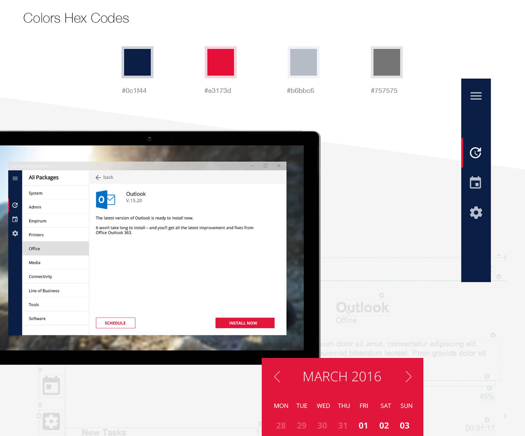 Shows an image with different UI elements, color codes, and a tablet on which the application is running.