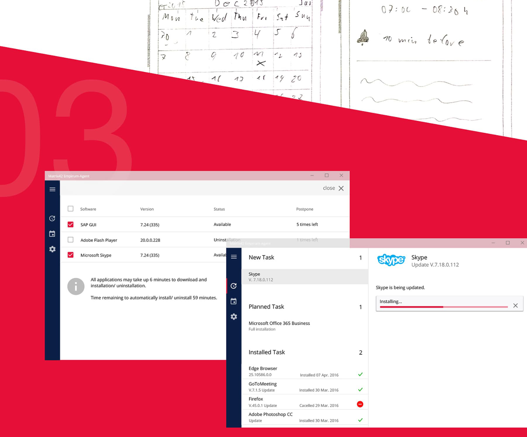 The image shows wireframes with cropped sections at the top and two excerpts of the application below, including a list of tools and a screenshot of an installation process.