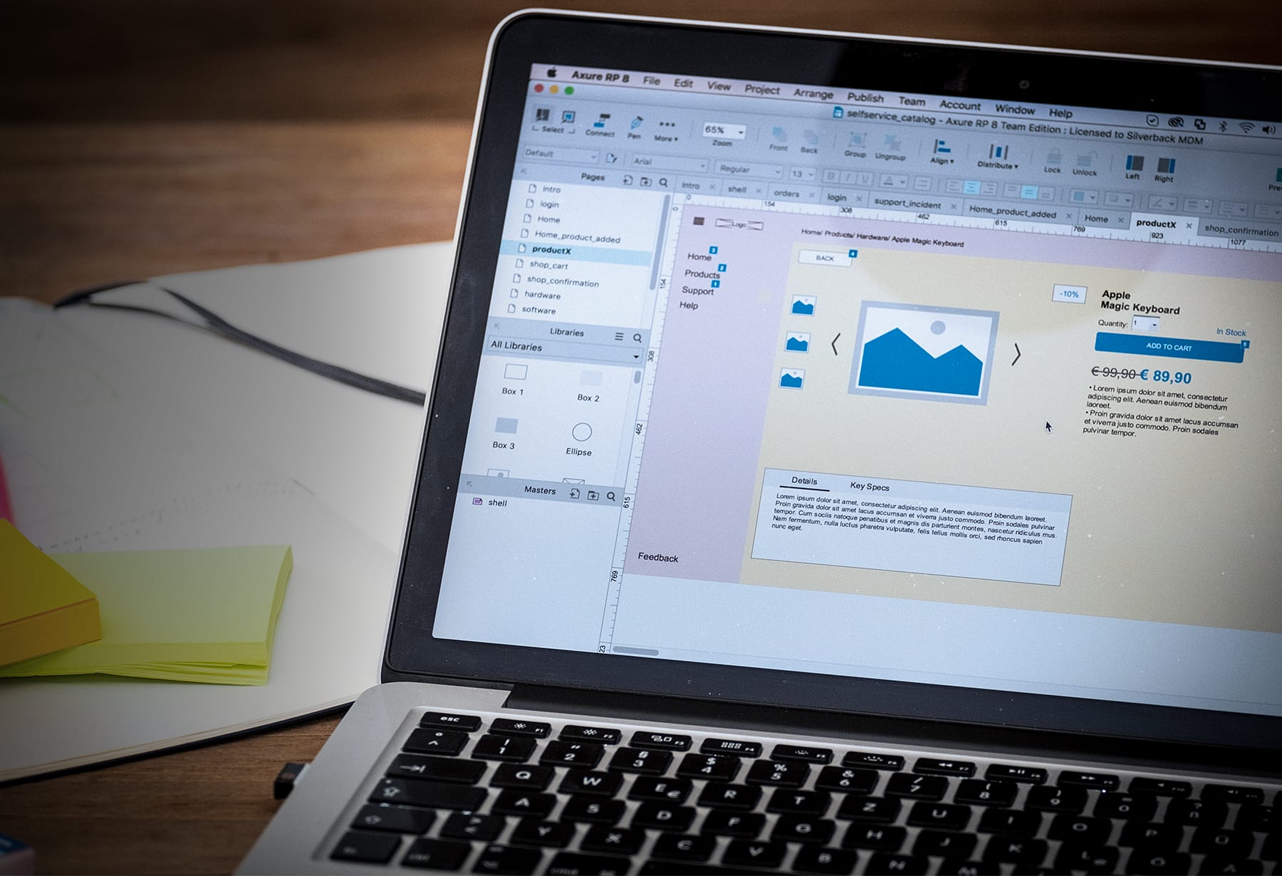Shows a wireframe of a product detail page, created using the Axure tool
