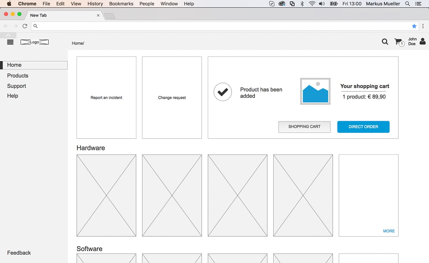 Displays a wireframe within a browser, showing an overview of several hardware and software items.