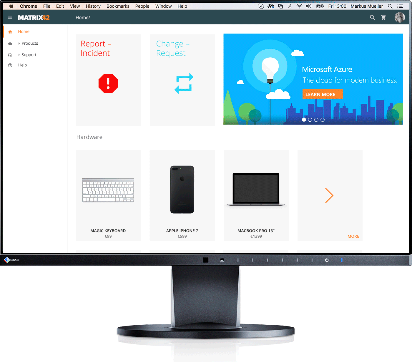 The display alternates between a product detail page with a design-oriented layout and an overview page of hardware and software.