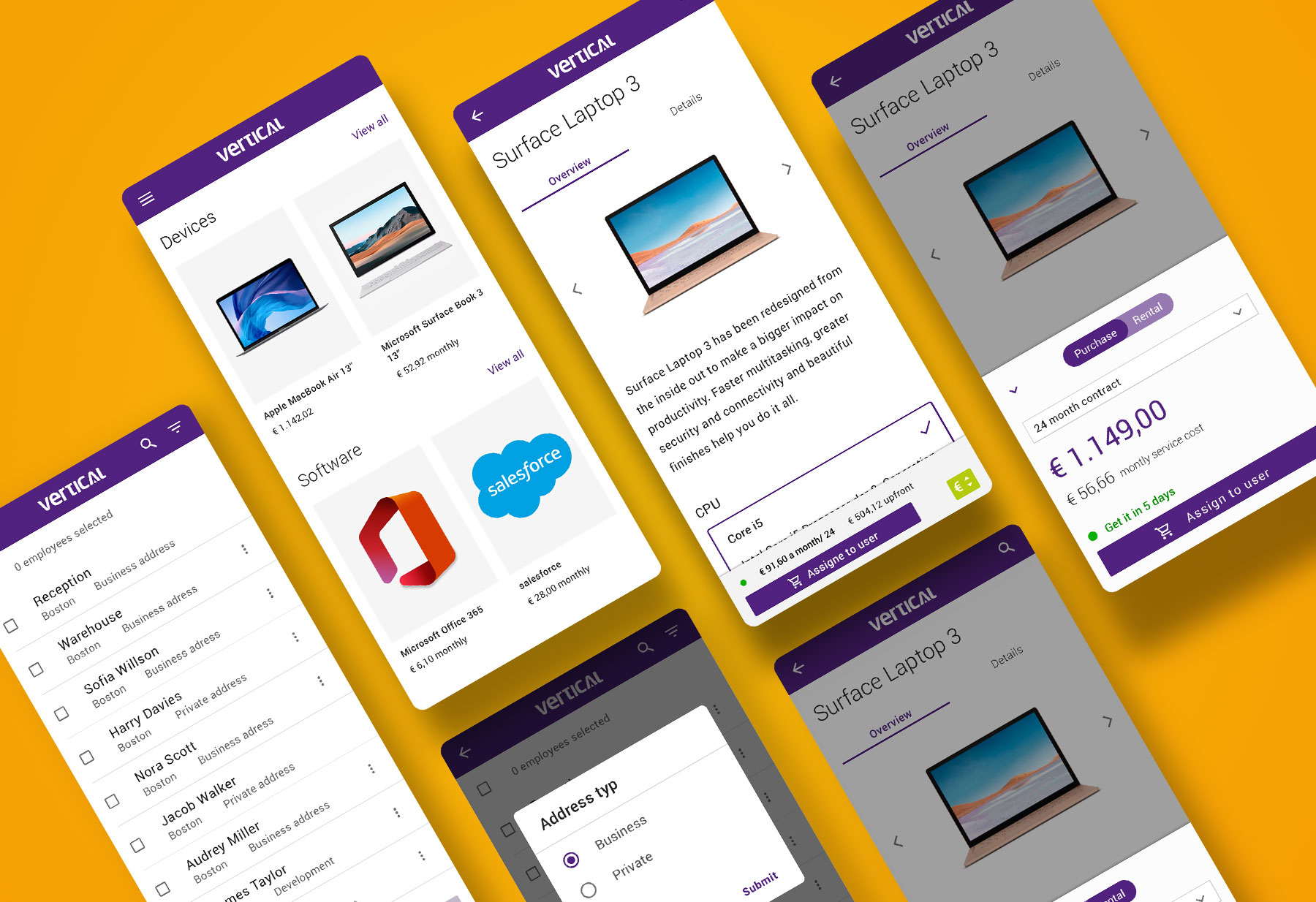 Responsive mobile UI design for an IT service shop system, featuring a product catalog for hardware and software, detailed service pages with 'rent or buy' options, and administrative assignment tools.