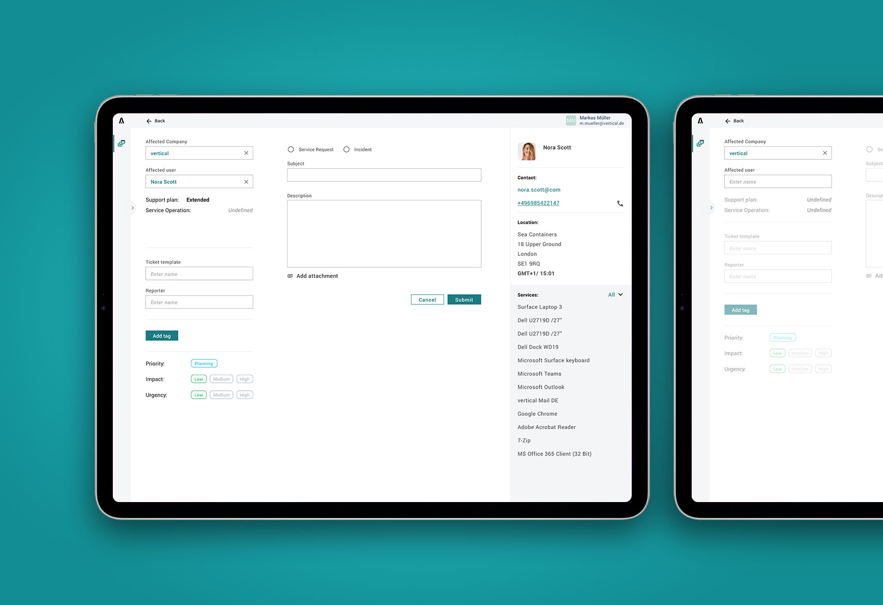 Ticket system interface showing dashboard with ticket list, priority indicators, and client filtering options