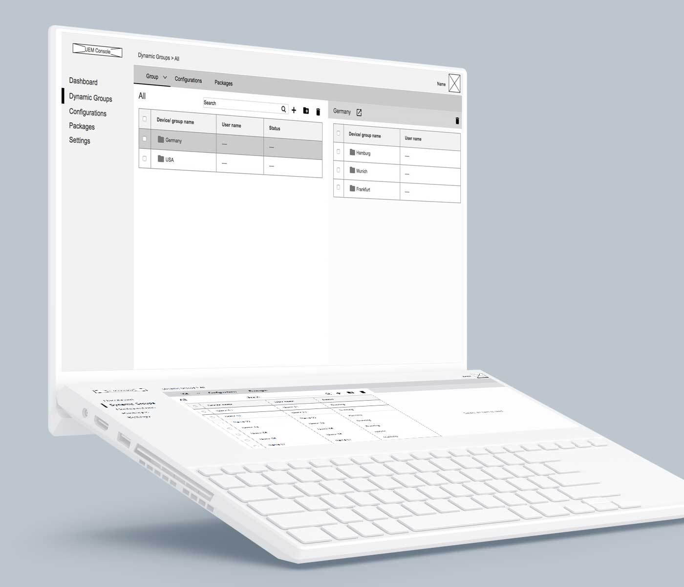 Conceptual low-fidelity wireframe of a cloud-based enterprise management tool displayed on a laptop. The visual focuses on the intuitive structuring of complex software assignment processes within global corporate environments.