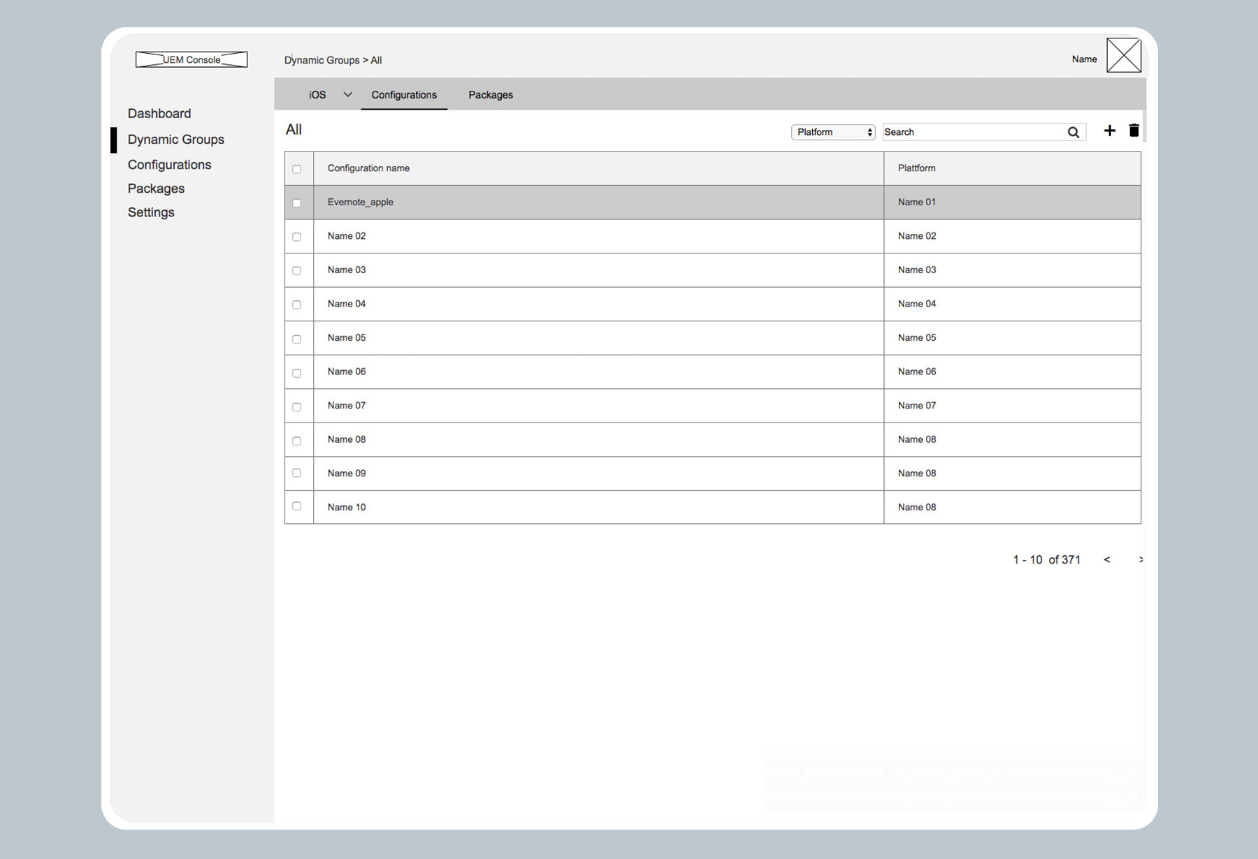 Wireframe view of the UEM Console for managing software configurations. The table illustrates cross-platform assignment logic for global enterprise fleets, featuring a clear information hierarchy that enables efficient control of complex software packages.