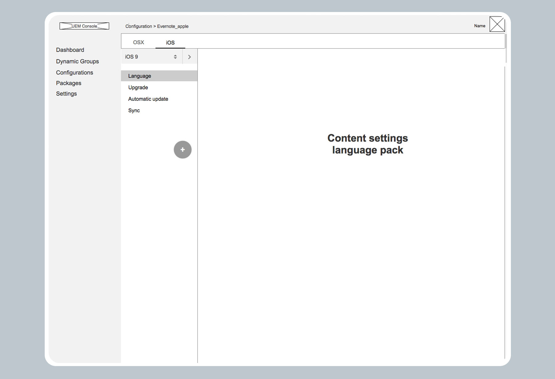 Structured low-fidelity prototype of an administrative settings screen for mobile devices. The sidebar navigation allows for rapid switching between critical functions like 'Upgrade' and 'Sync,' enhancing operational efficiency for large-scale device fleet management.