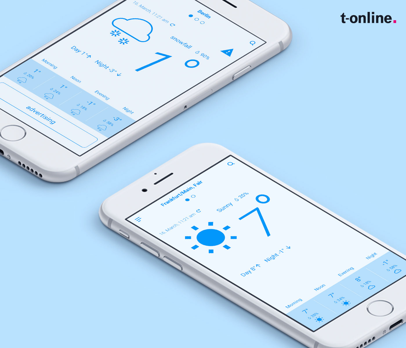 Two mobile devices displaying a weather image from a weather app. The city of Frankfurt is selected.
